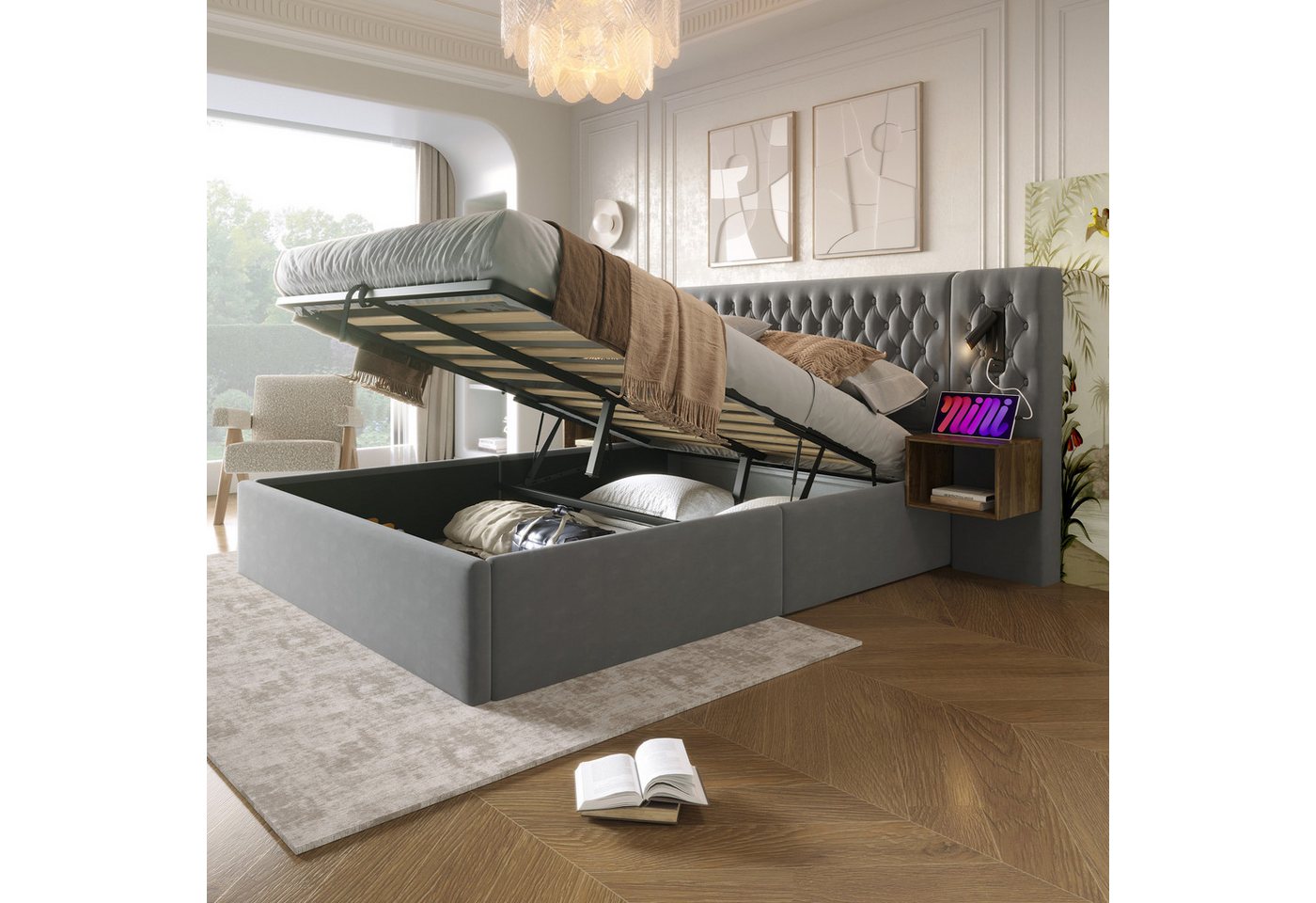 Flieks Polsterbett, Hydraulisches Doppelbett 180×200cm 2 Nachttische Leselicht USB-Laden – Bild 2 von 5