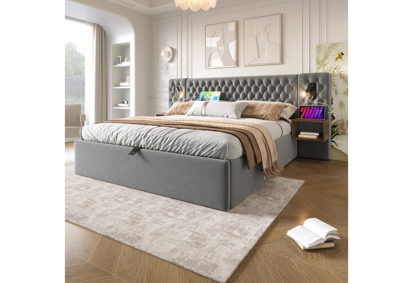 Flieks Polsterbett, Hydraulisches Doppelbett 180×200cm 2 Nachttische Leselicht USB-Laden – Bild 3 von 5