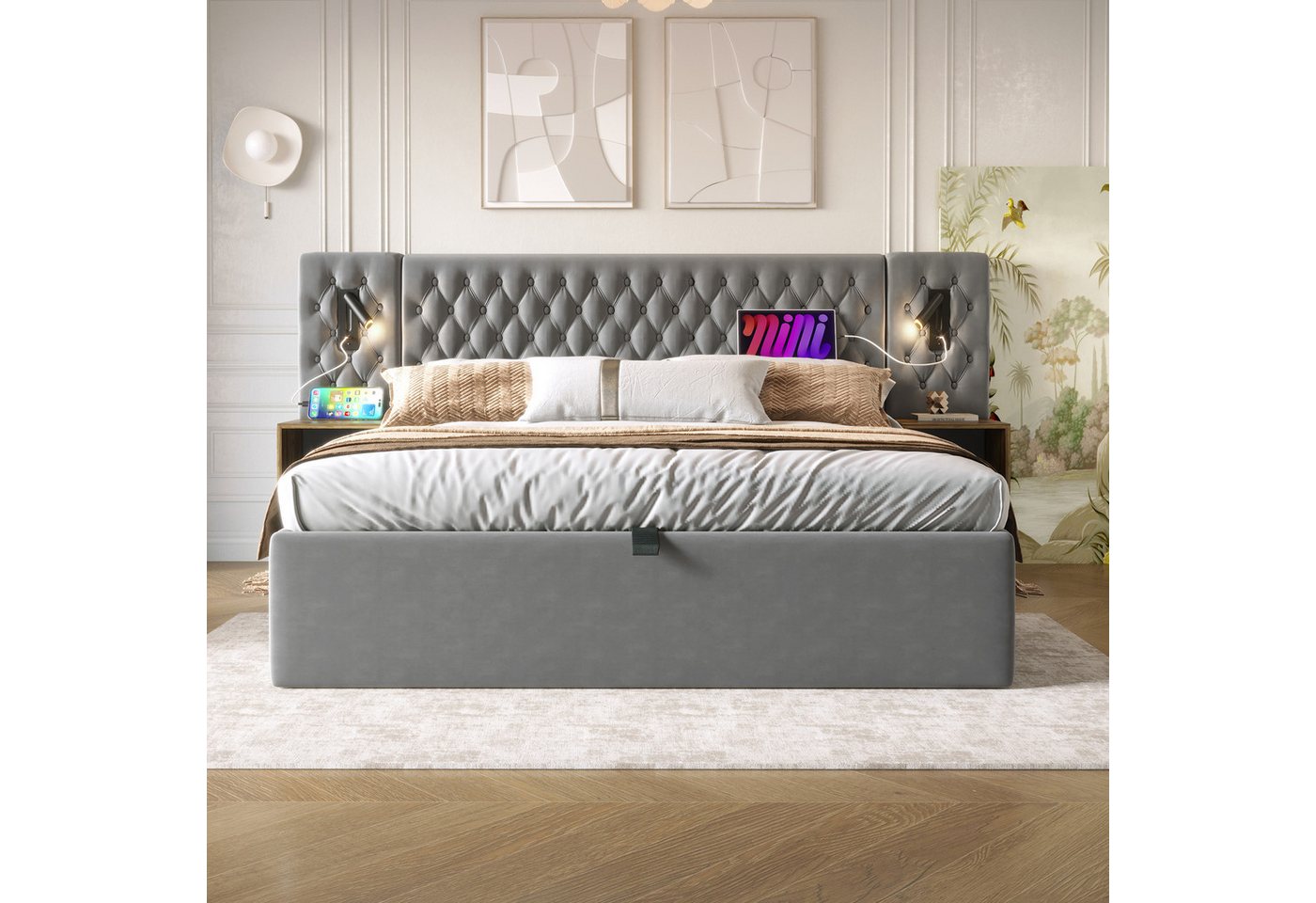Flieks Polsterbett, Hydraulisches Doppelbett 180×200cm 2 Nachttische Leselicht USB-Laden – Bild 4 von 5