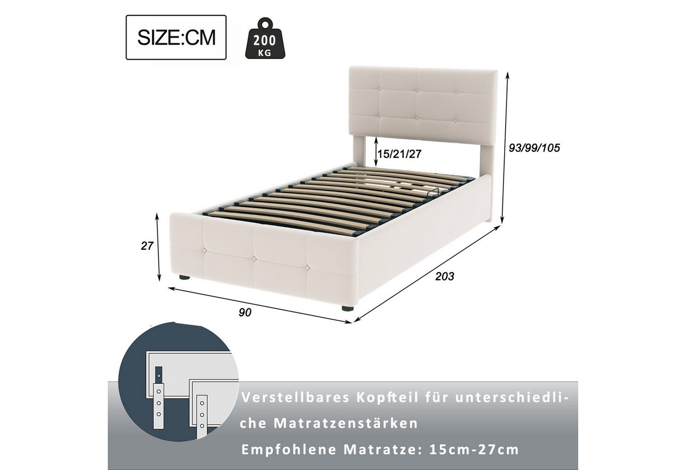 Flieks Polsterbett, Hydraulisches Stauraumbett Einzelbett Kinderbett 90x200cm Samtstoff – Bild 4 von 5