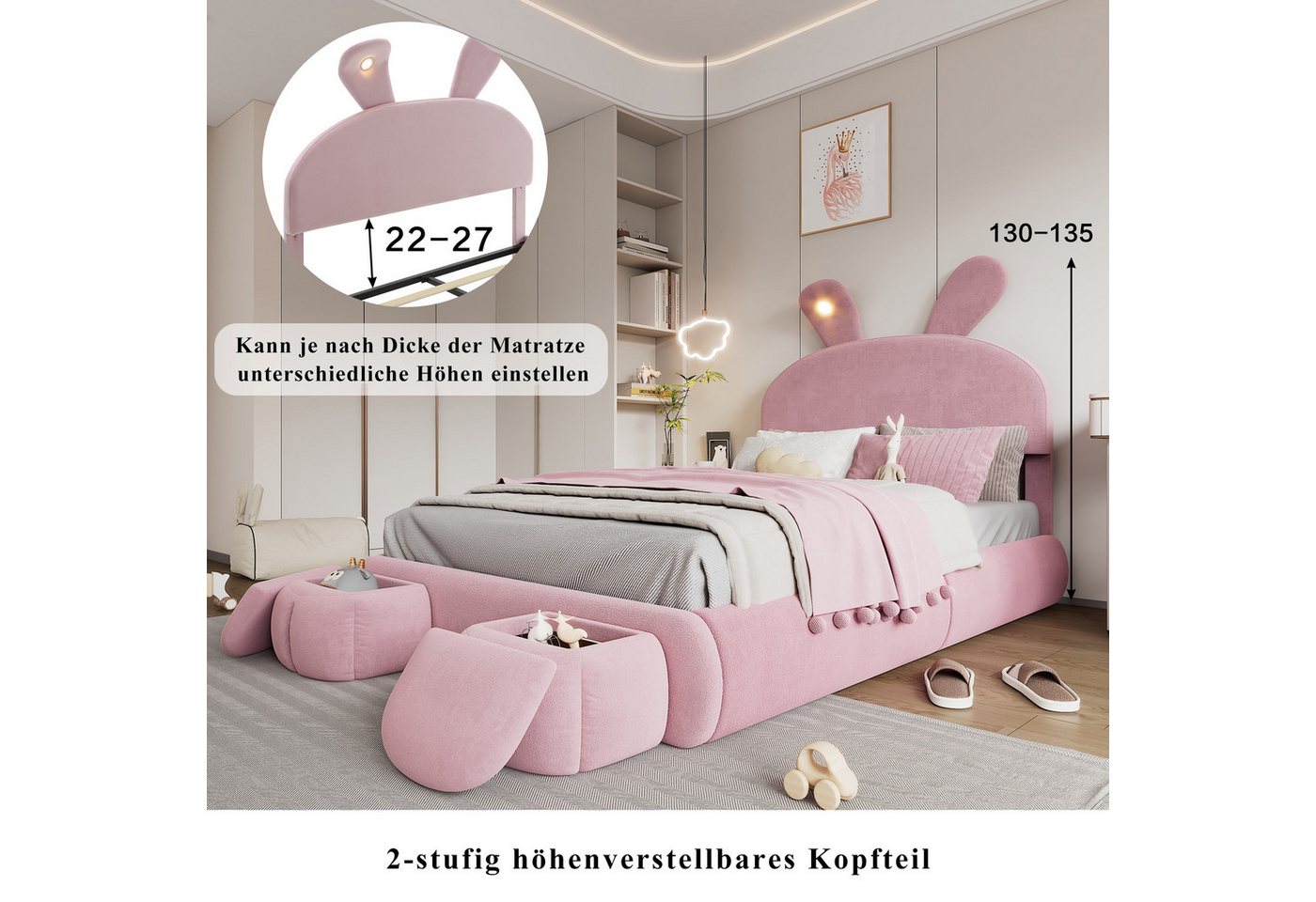 Flieks Polsterbett, LED Hydraulisches Bett 140x200cm mit Hasenohren Kopfteil und 2 Hockern – Bild 3 von 5