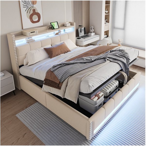 Flieks Polsterbett, LED Hydraulisches Stauraumbett Doppelbett 180x200cm mit USB-Aufladen