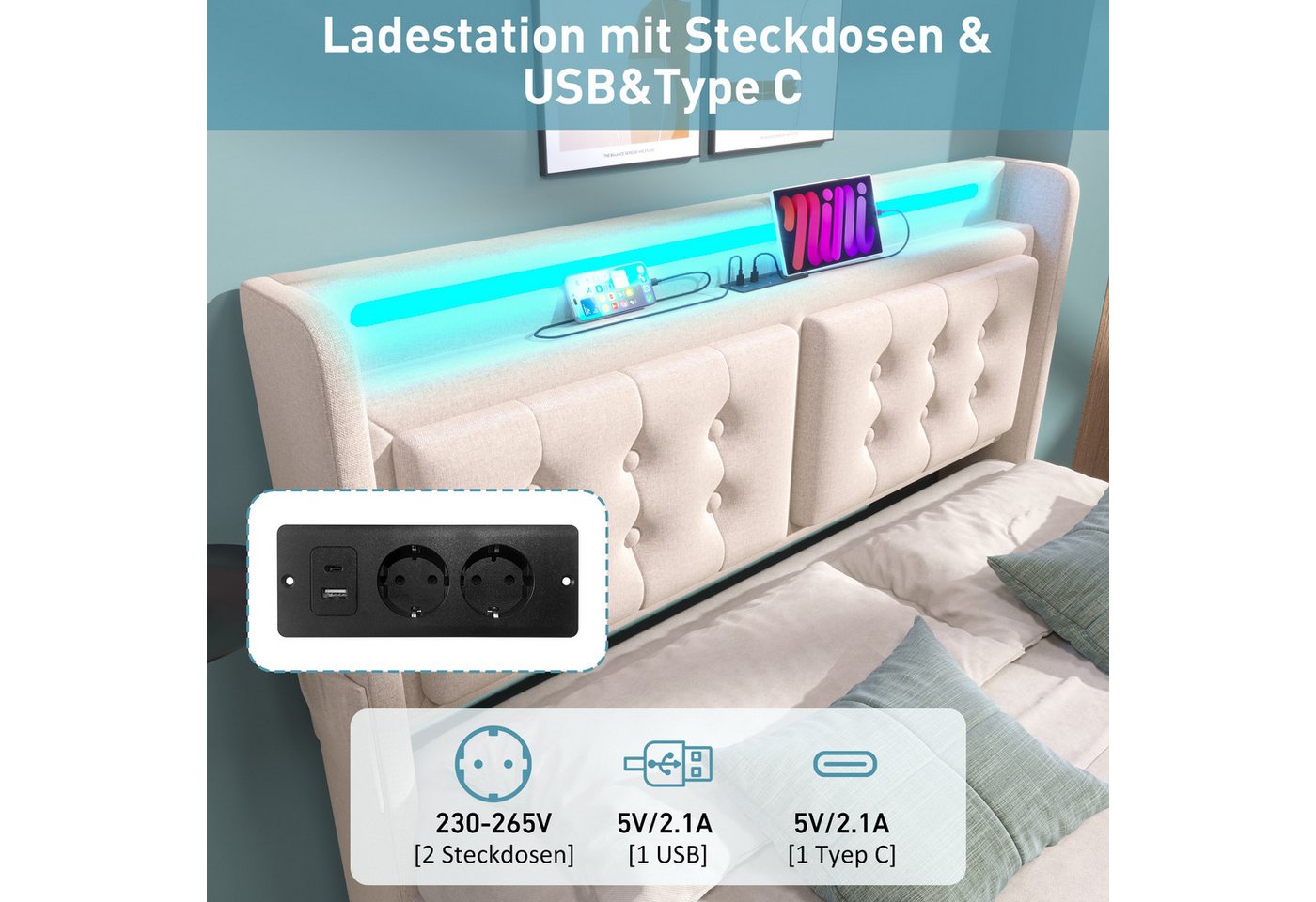 Flieks Polsterbett, LED Doppelbett 140x200cm mit Ladefunktion und hydraulischem Stauraum – Bild 4 von 5