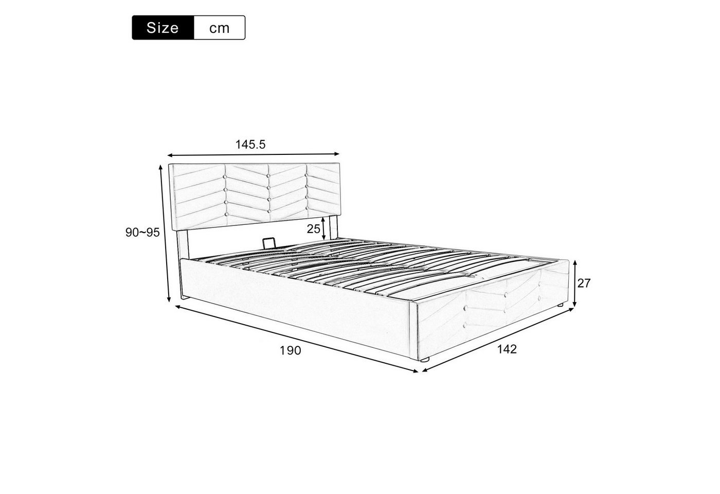 Flieks Polsterbett, Hydraulisches Doppelbett Funktionsbett 140x190cm Samt – Bild 3 von 5