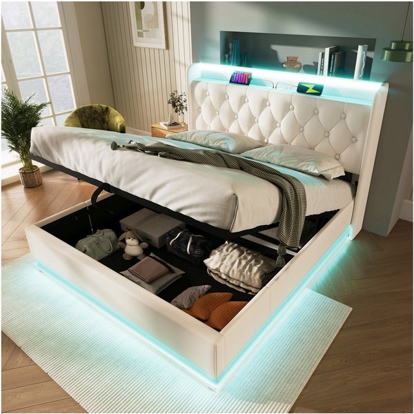 Flieks Polsterbett, LED Hydraulisches Stauraumbett Doppelbett 140x200cm mit Ladefunktion