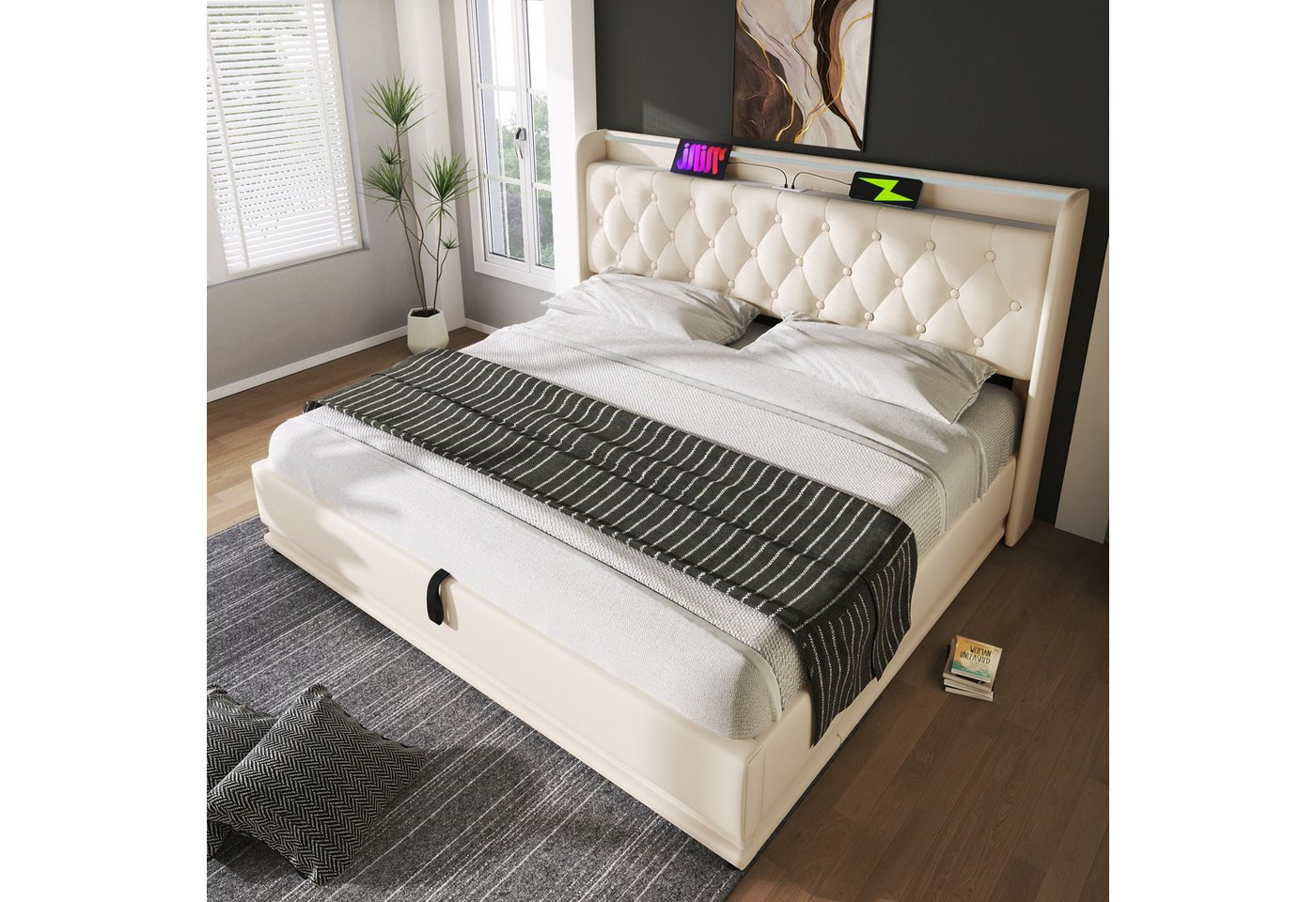 Flieks Polsterbett, LED Hydraulisches Stauraumbett Doppelbett 140x200cm mit Ladefunktion – Bild 3 von 5