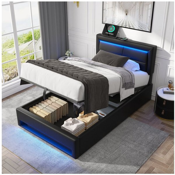 Flieks Polsterbett, LED Einzelbett 90x200cm mit USB-Anschluss und hydraulischem Stauraum