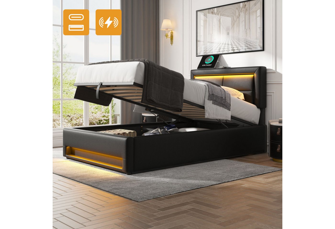 Flieks Polsterbett, LED Einzelbett 90x200cm mit USB-Anschluss und hydraulischem Stauraum – Bild 2 von 5