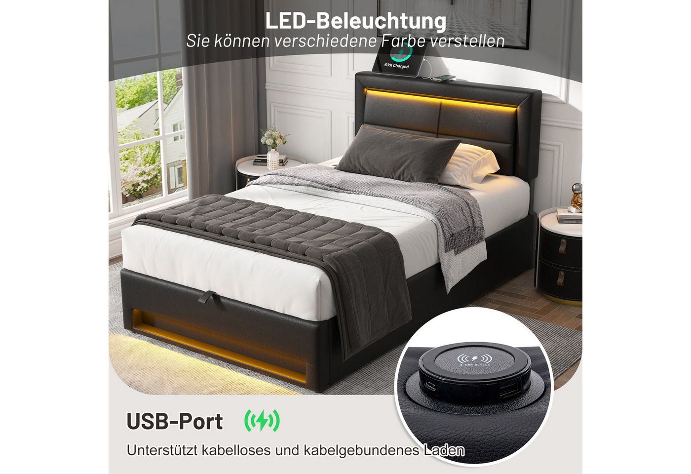 Flieks Polsterbett, LED Einzelbett 90x200cm mit USB-Anschluss und hydraulischem Stauraum – Bild 3 von 5