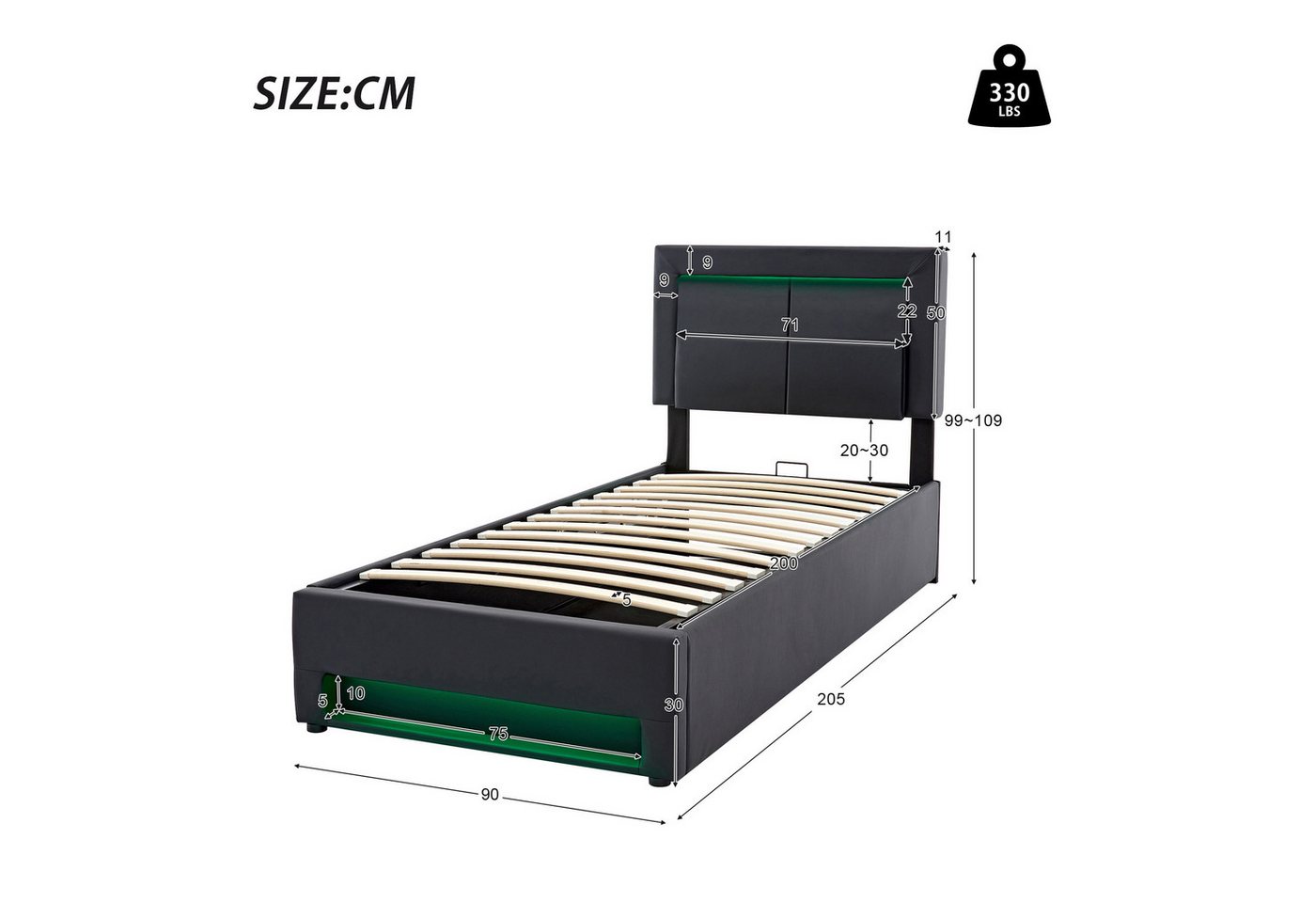 Flieks Polsterbett, LED Einzelbett 90x200cm mit USB-Anschluss und hydraulischem Stauraum – Bild 5 von 5