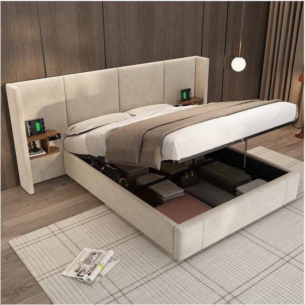 Flieks Polsterbett, Hydraulisches Doppelbett 160x200cm mit USB-Aufladen und 2 Nachttische