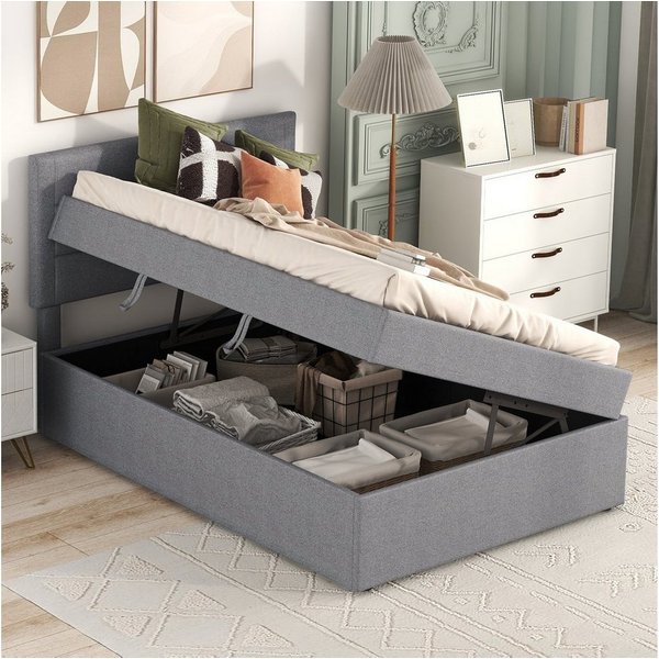 Flieks Polsterbett, Boxbett Einzelbett mit Stauraum Leinen 90x200cm