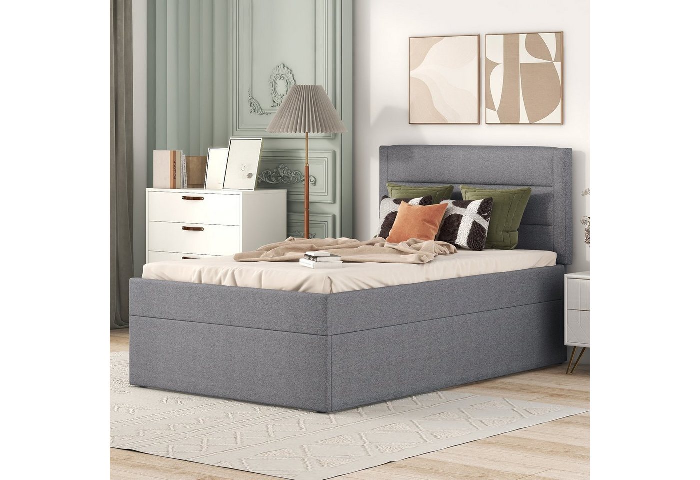 Flieks Polsterbett, Boxbett Einzelbett mit Stauraum Leinen 90x200cm – Bild 2 von 5
