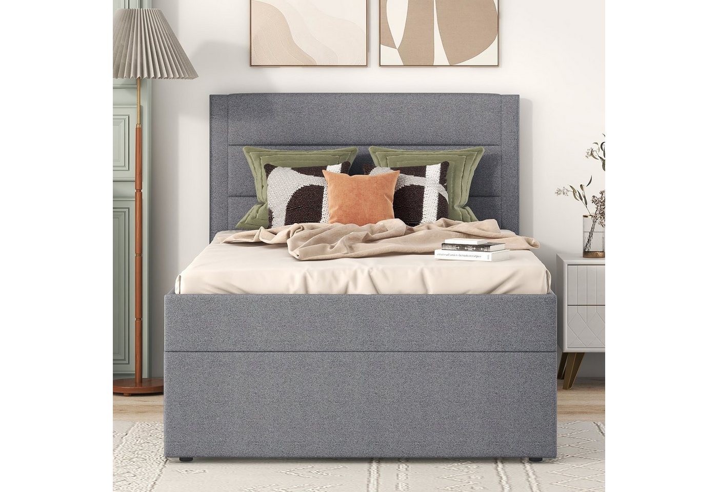Flieks Polsterbett, Boxbett Einzelbett mit Stauraum Leinen 90x200cm – Bild 3 von 5