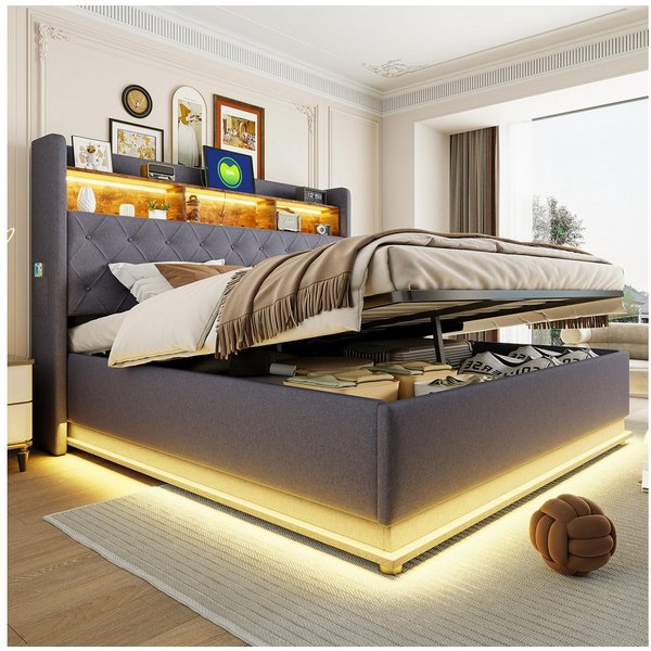 Flieks Polsterbett, LED Doppelbett 180x200cm mit USB-Ladefunktion & hydraulischem Stauraum