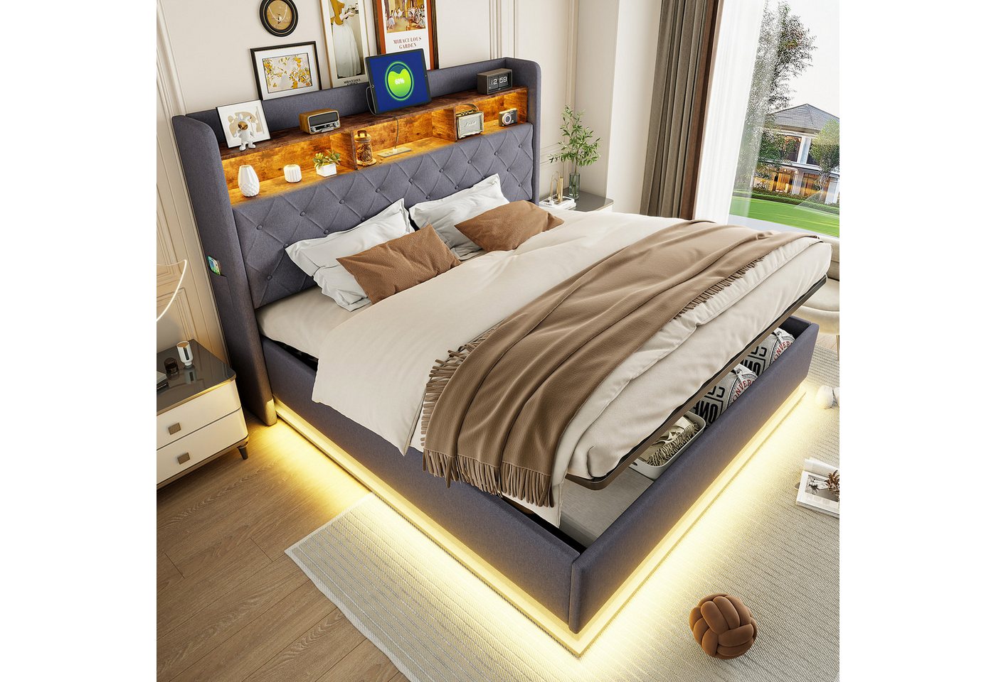 Flieks Polsterbett, LED Doppelbett 180x200cm mit USB-Ladefunktion & hydraulischem Stauraum – Bild 2 von 5