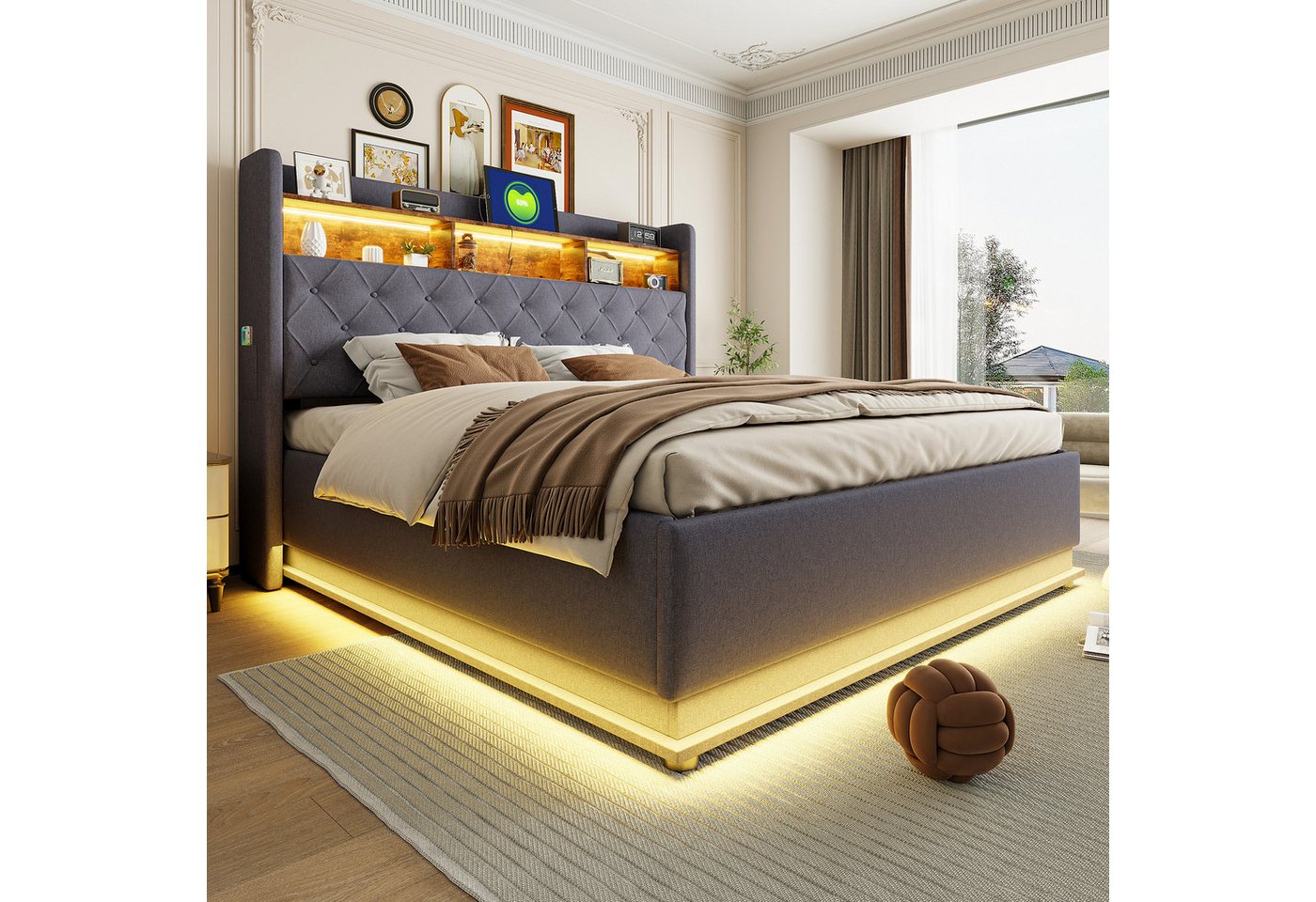 Flieks Polsterbett, LED Doppelbett 180x200cm mit USB-Ladefunktion & hydraulischem Stauraum – Bild 3 von 5