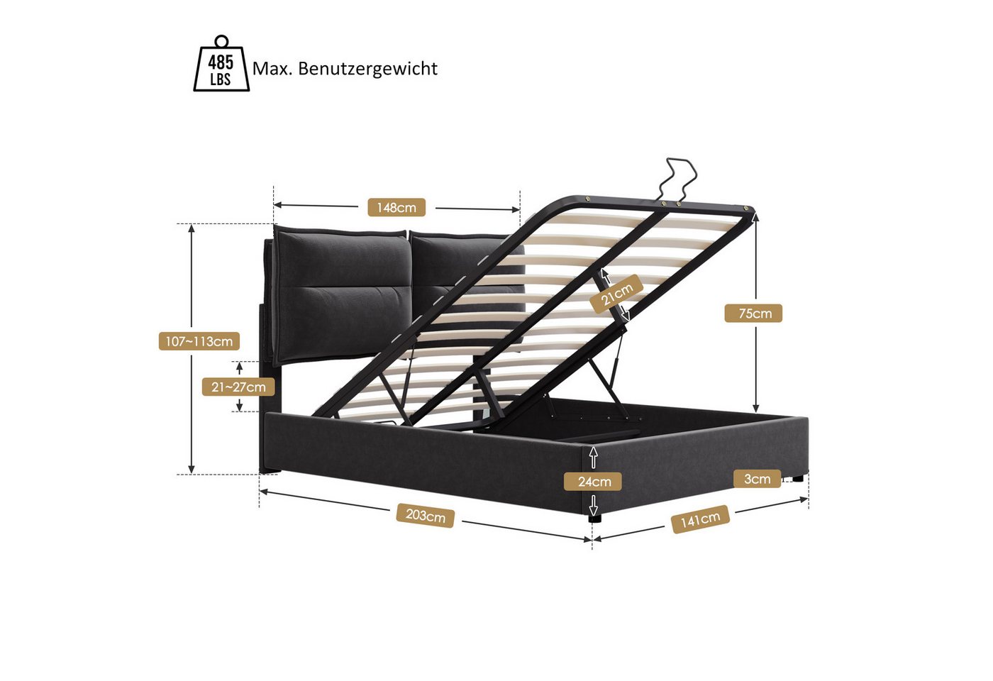 Flieks Polsterbett, Hydraulisches Doppelbett mit Stauraum Samt 140x200cm – Bild 5 von 5