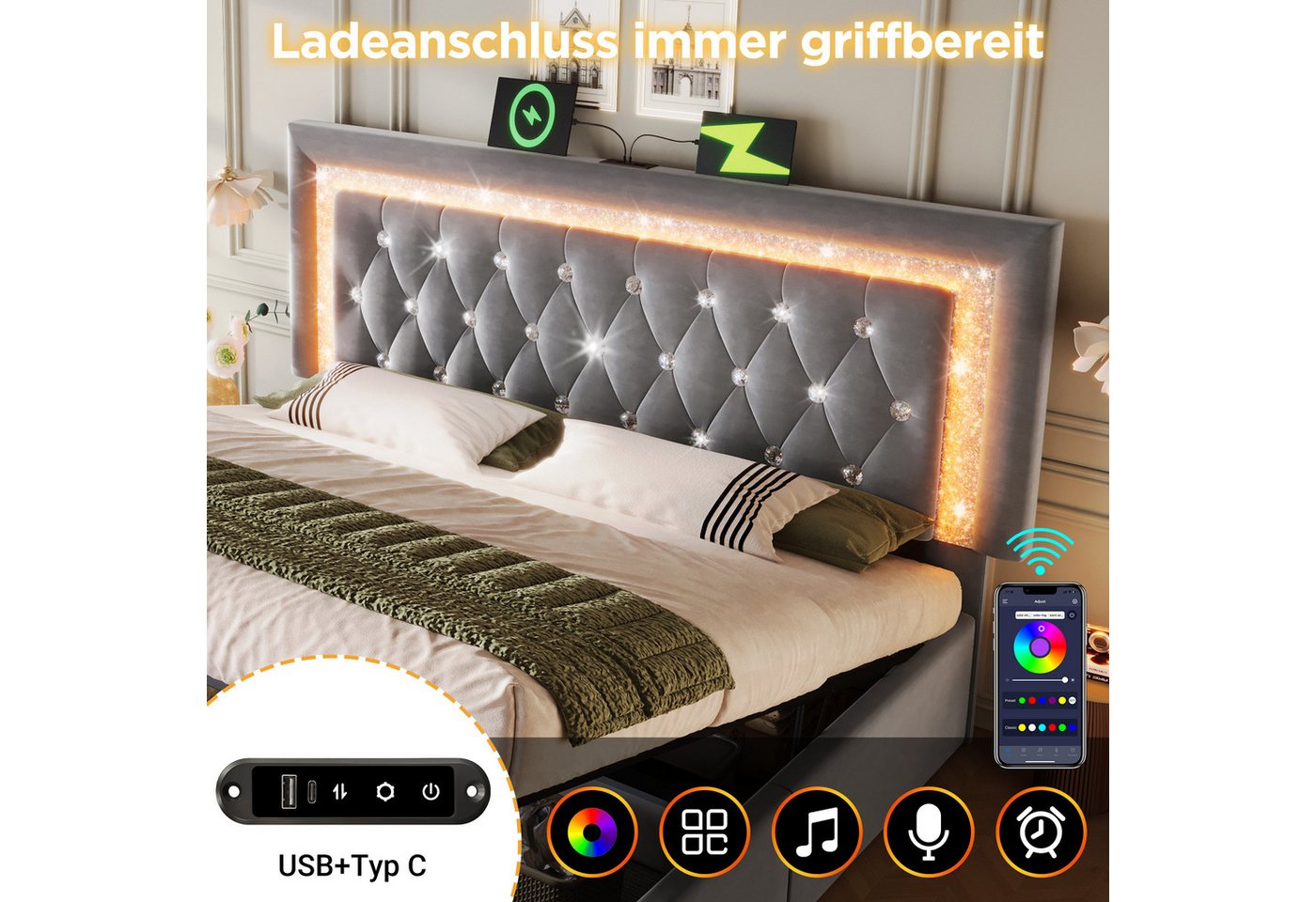 Flieks Polsterbett, Hydraulisches Stauraumbett 140x200cm mit LED-Diamantband & Ladestation – Bild 5 von 5