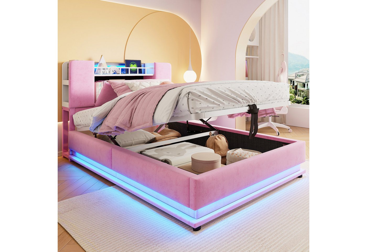 Flieks Polsterbett, Hydraulisches Stauraumbett Kinderbett 90x200cm mit LED und Aufladen – Bild 2 von 5