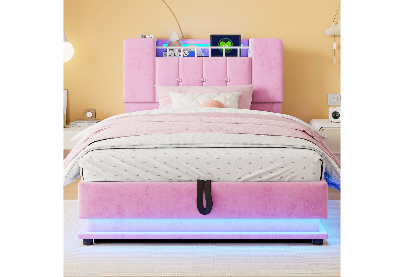 Flieks Polsterbett, Hydraulisches Stauraumbett Kinderbett 90x200cm mit LED und Aufladen – Bild 3 von 5