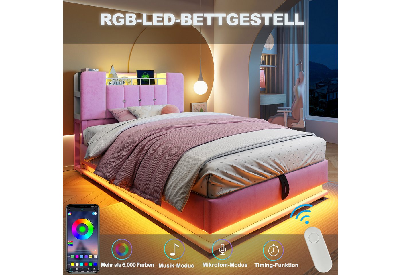 Flieks Polsterbett, Hydraulisches Stauraumbett Kinderbett 90x200cm mit LED und Aufladen – Bild 4 von 5