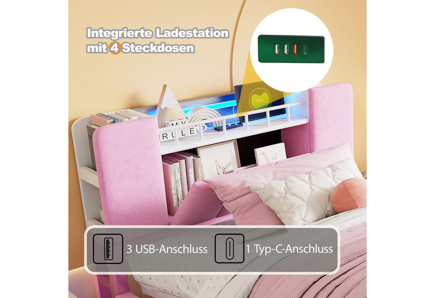 Flieks Polsterbett, Hydraulisches Stauraumbett Kinderbett 90x200cm mit LED und Aufladen – Bild 5 von 5