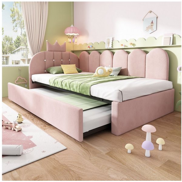 Flieks Polsterbett, Daybett L-Form 90x200cm mit Kronen-Design und Ausziehbett 90x190cm