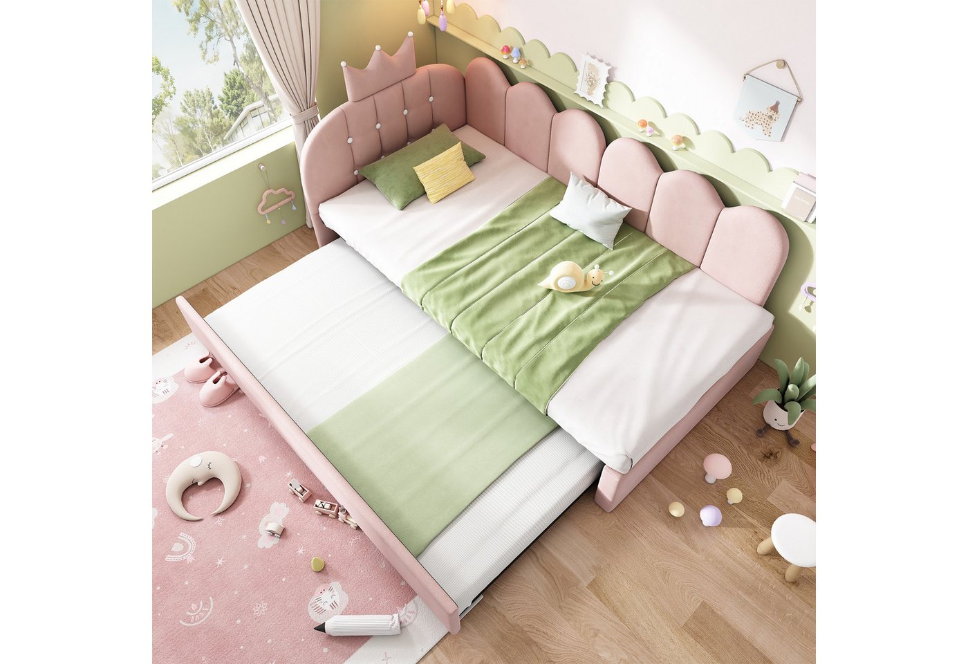 Flieks Polsterbett, Daybett L-Form 90x200cm mit Kronen-Design und Ausziehbett 90x190cm – Bild 2 von 5