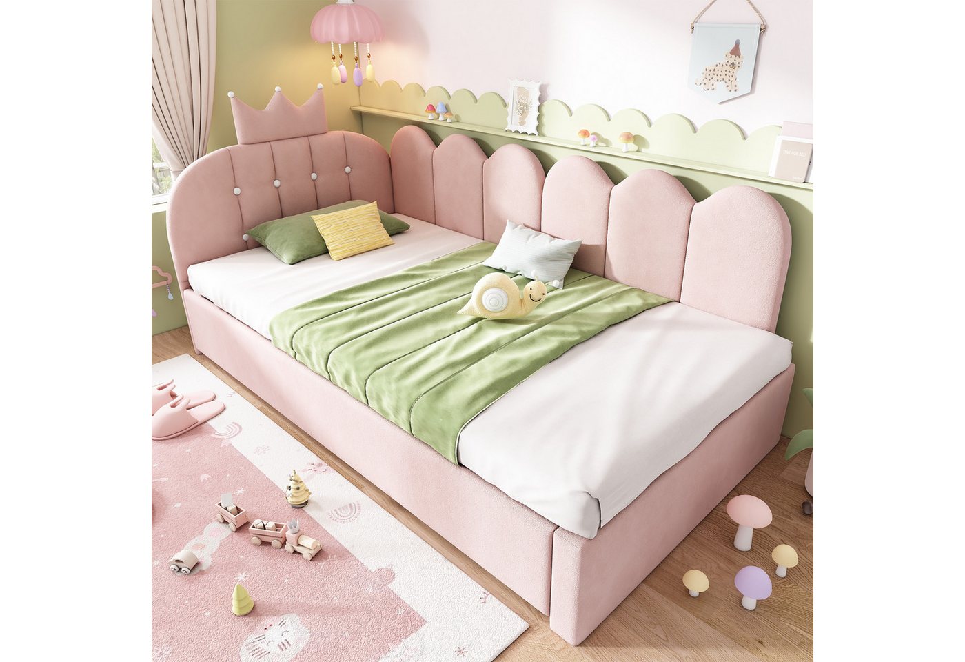 Flieks Polsterbett, Daybett L-Form 90x200cm mit Kronen-Design und Ausziehbett 90x190cm – Bild 3 von 5