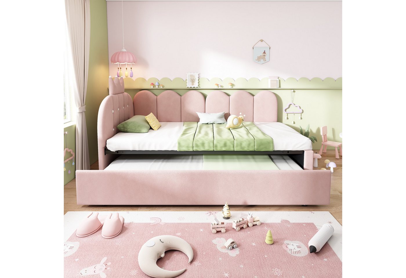 Flieks Polsterbett, Daybett L-Form 90x200cm mit Kronen-Design und Ausziehbett 90x190cm – Bild 4 von 5