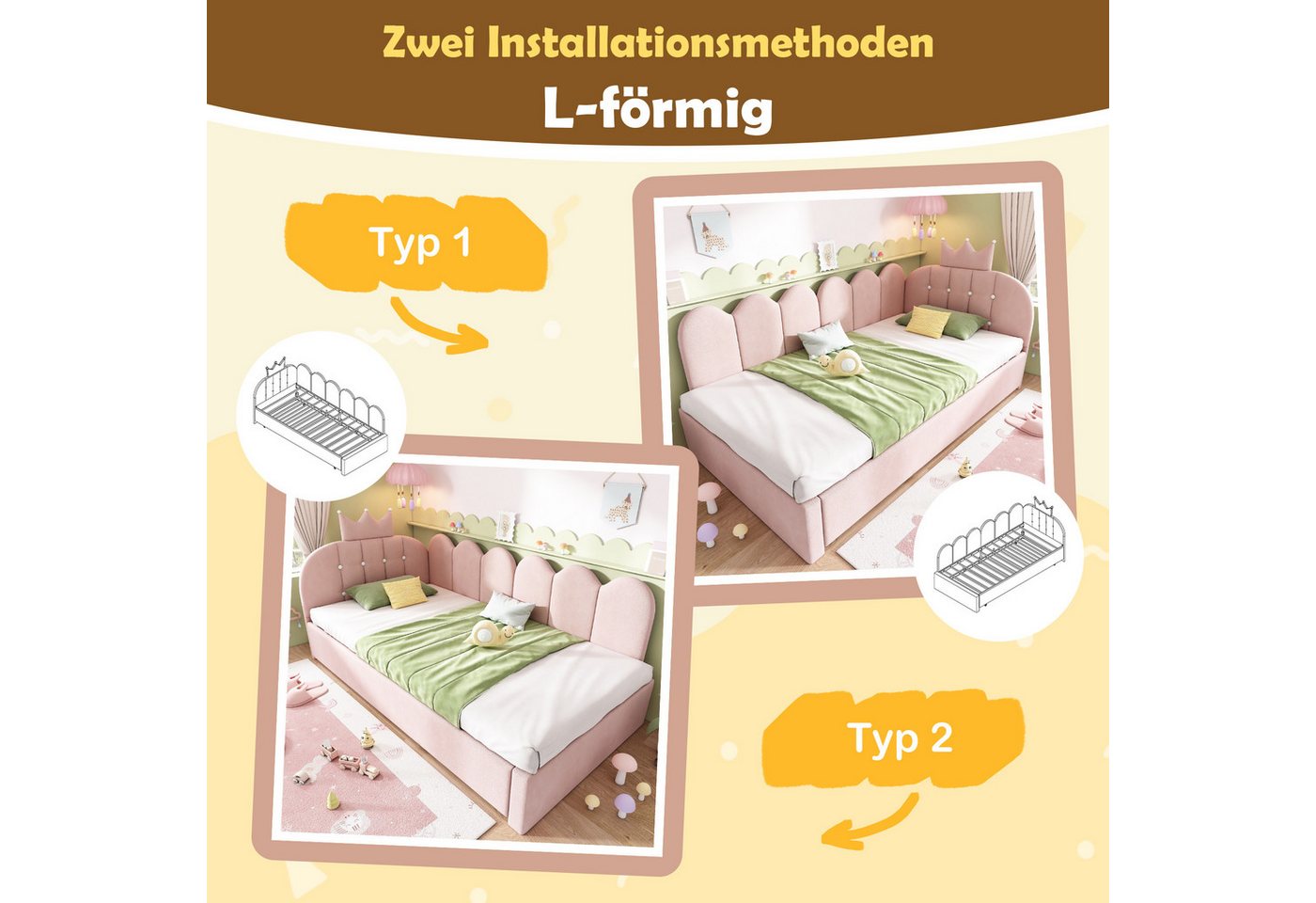 Flieks Polsterbett, Daybett L-Form 90x200cm mit Kronen-Design und Ausziehbett 90x190cm – Bild 5 von 5