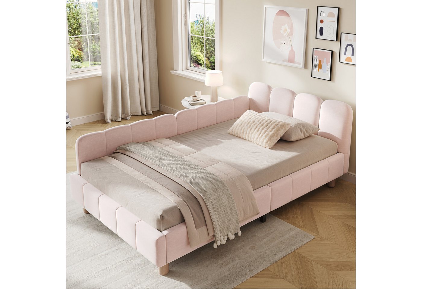 Flieks Polsterbett, Kinderbett Einzelbett 90x200cm mit Polsterkopfteil und Rausfallschutz – Bild 2 von 5