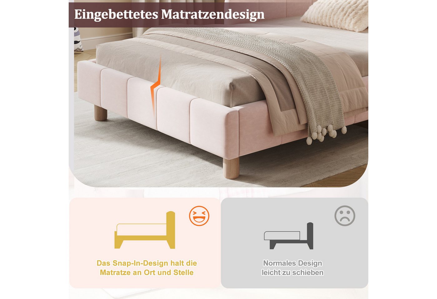Flieks Polsterbett, Kinderbett Einzelbett 90x200cm mit Polsterkopfteil und Rausfallschutz – Bild 4 von 5
