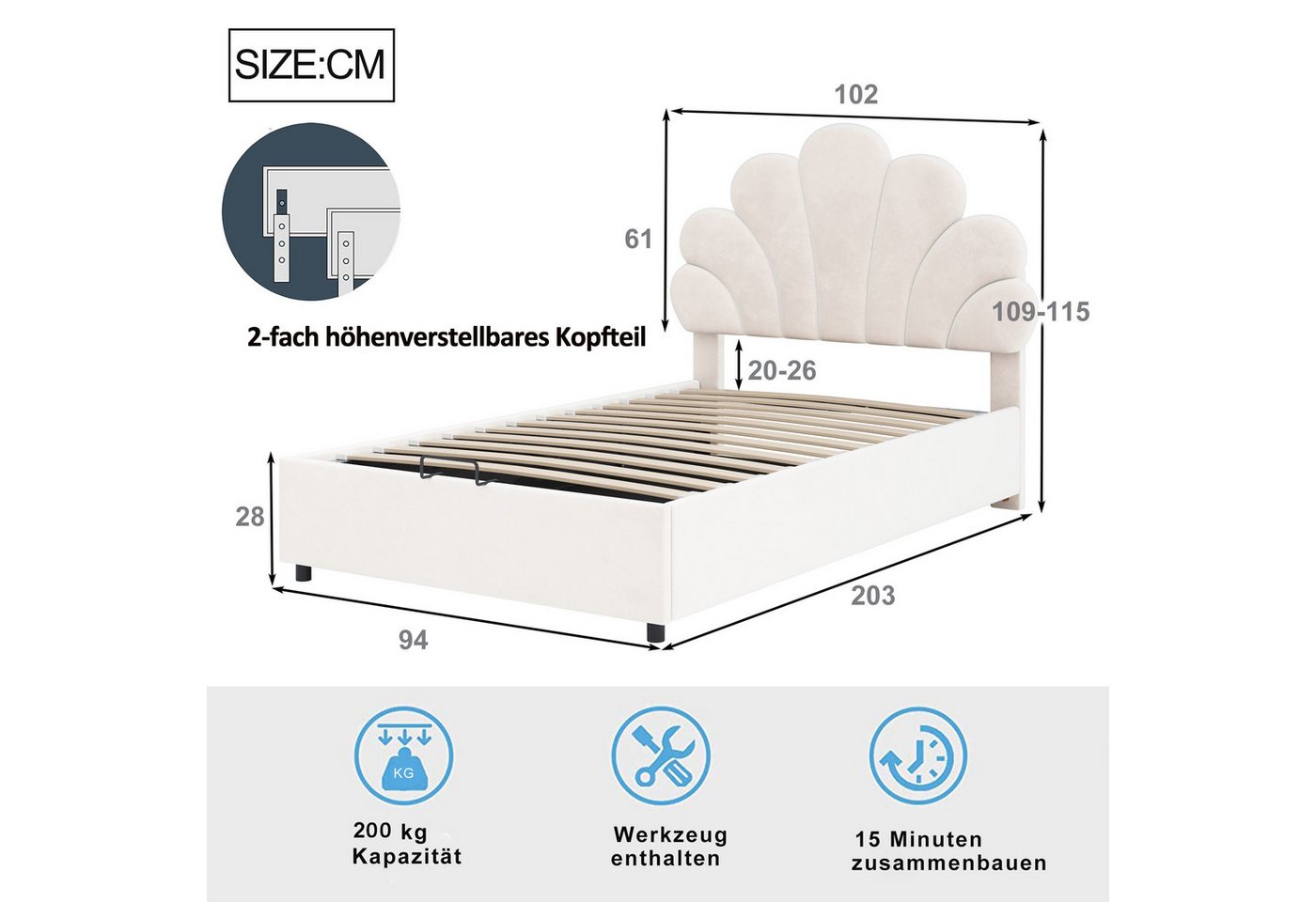 Flieks Polsterbett, hydraulisches Einzelbett Blumenform-Kopfteil Samt 90x200cm – Bild 4 von 5