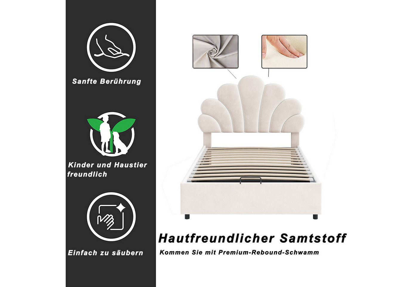 Flieks Polsterbett, hydraulisches Einzelbett Blumenform-Kopfteil Samt 90x200cm – Bild 5 von 5