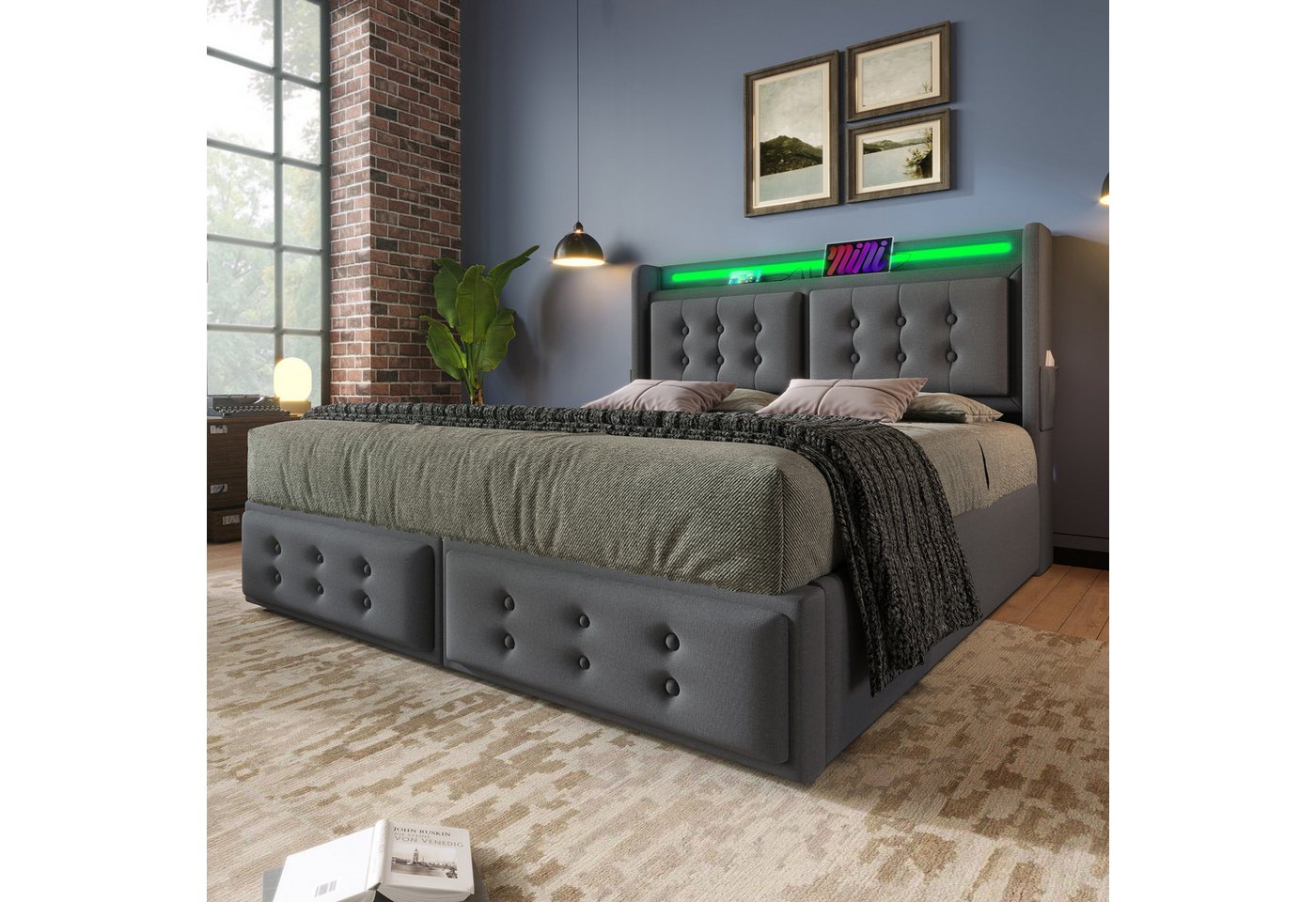 Flieks Polsterbett, LED Doppelbett 180x200cm mit Ladefunktion und hydraulischem Stauraum – Bild 3 von 5