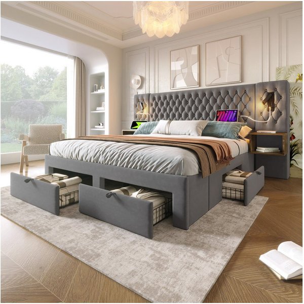 Flieks Polsterbett, Doppelbett 180×200cm mit 2 Nachttische 4 Schublade Leselicht USB-Laden