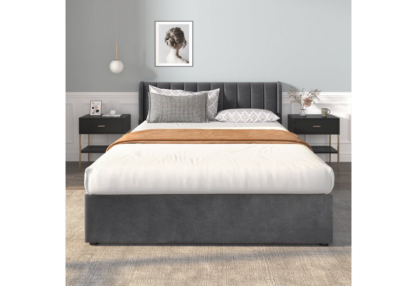 Flieks Polsterbett, Samt Stauraumbett mit 2 Schubladen 140x200cm – Bild 3 von 5