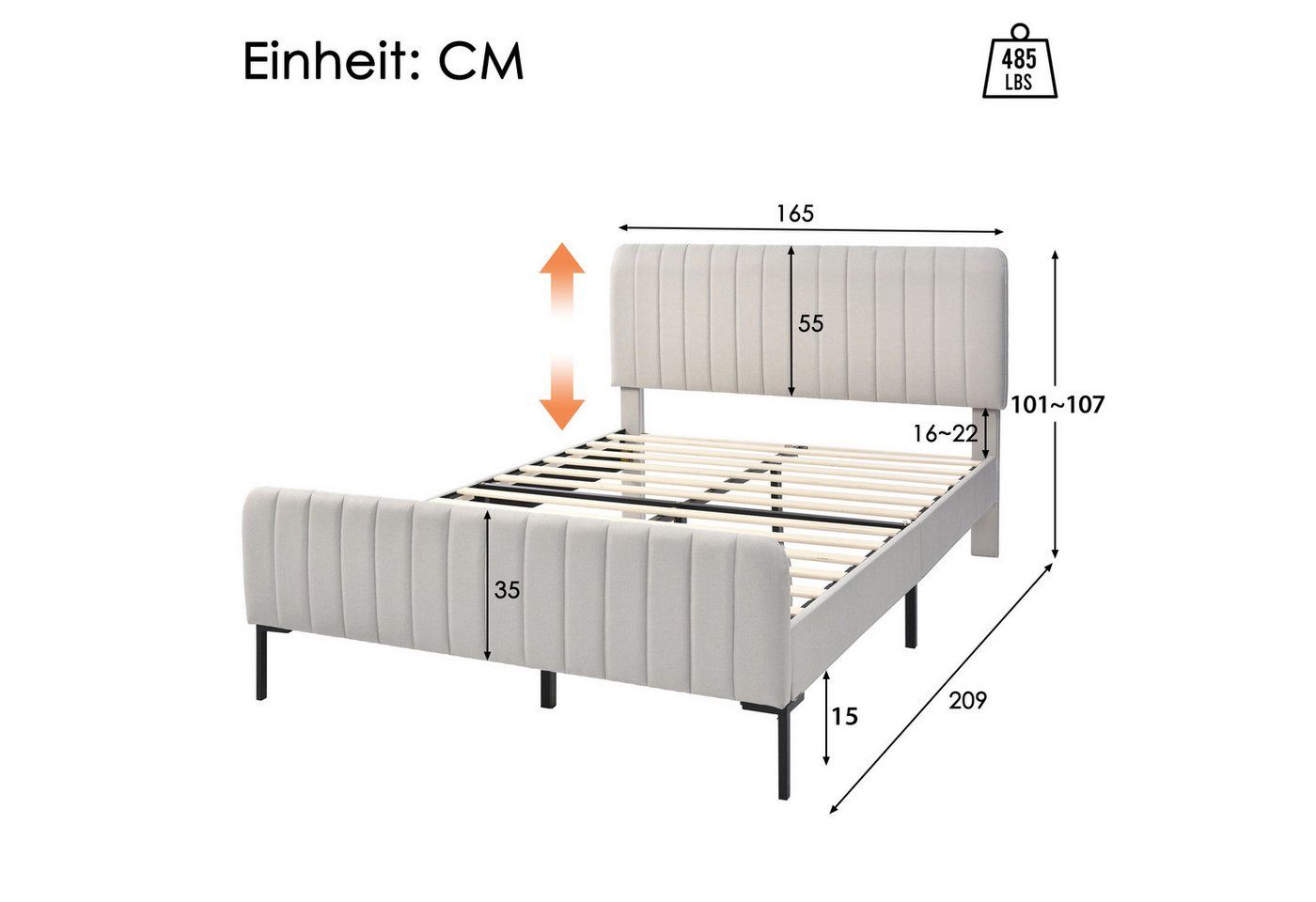Flieks Polsterbett, Doppelbett verstellbares Kopfteil Leinen 160x200cm – Bild 3 von 5