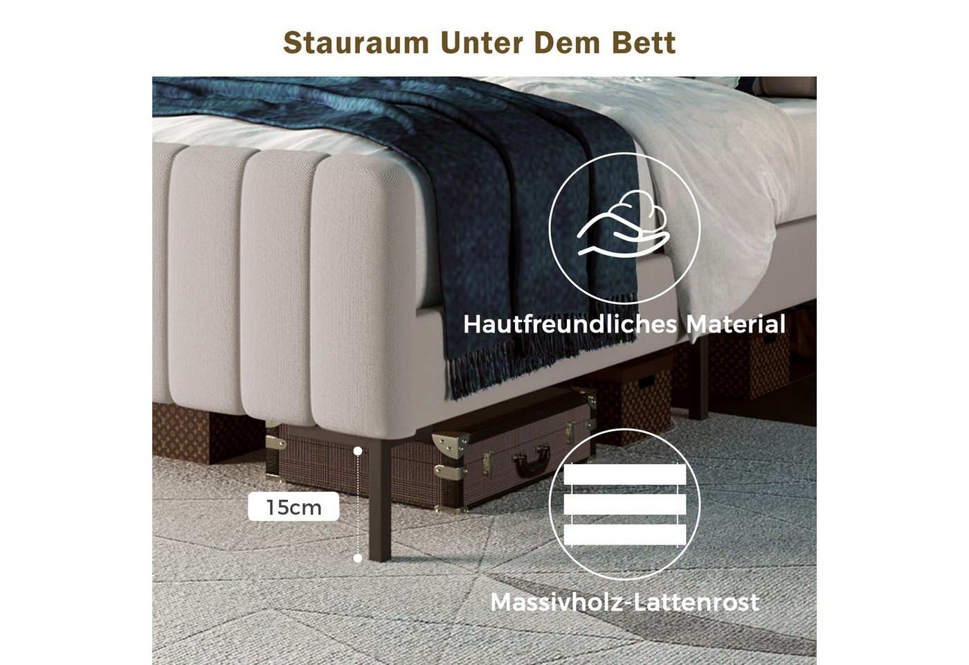 Flieks Polsterbett, Doppelbett verstellbares Kopfteil Leinen 160x200cm – Bild 5 von 5