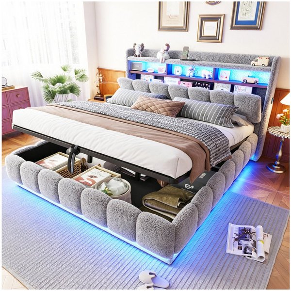Flieks Polsterbett, Hydraulisches Stauraumbett 180x200cm mit LED-Lichtleiste und Aufladen