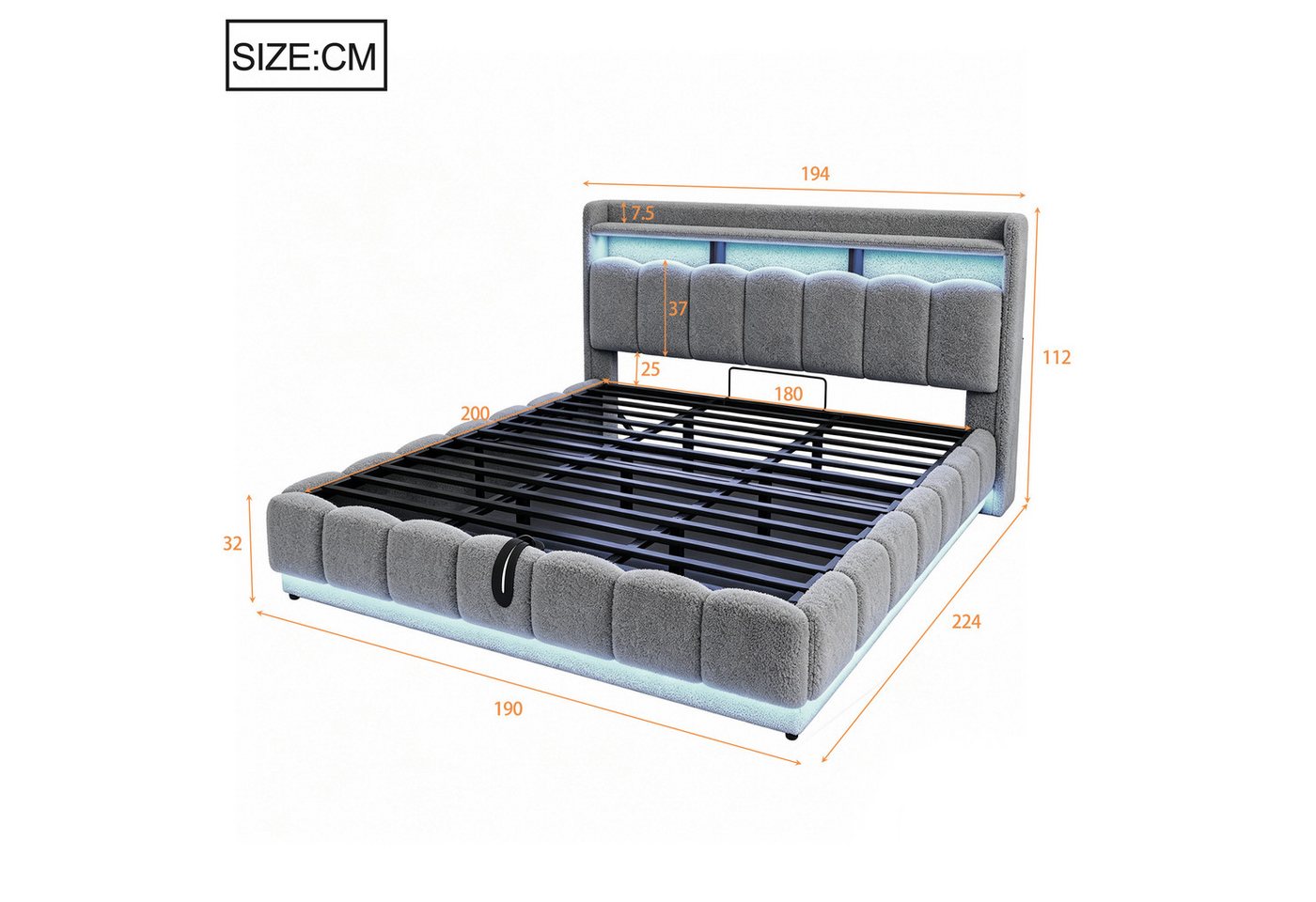 Flieks Polsterbett, Hydraulisches Stauraumbett 180x200cm mit LED-Lichtleiste und Aufladen – Bild 4 von 5
