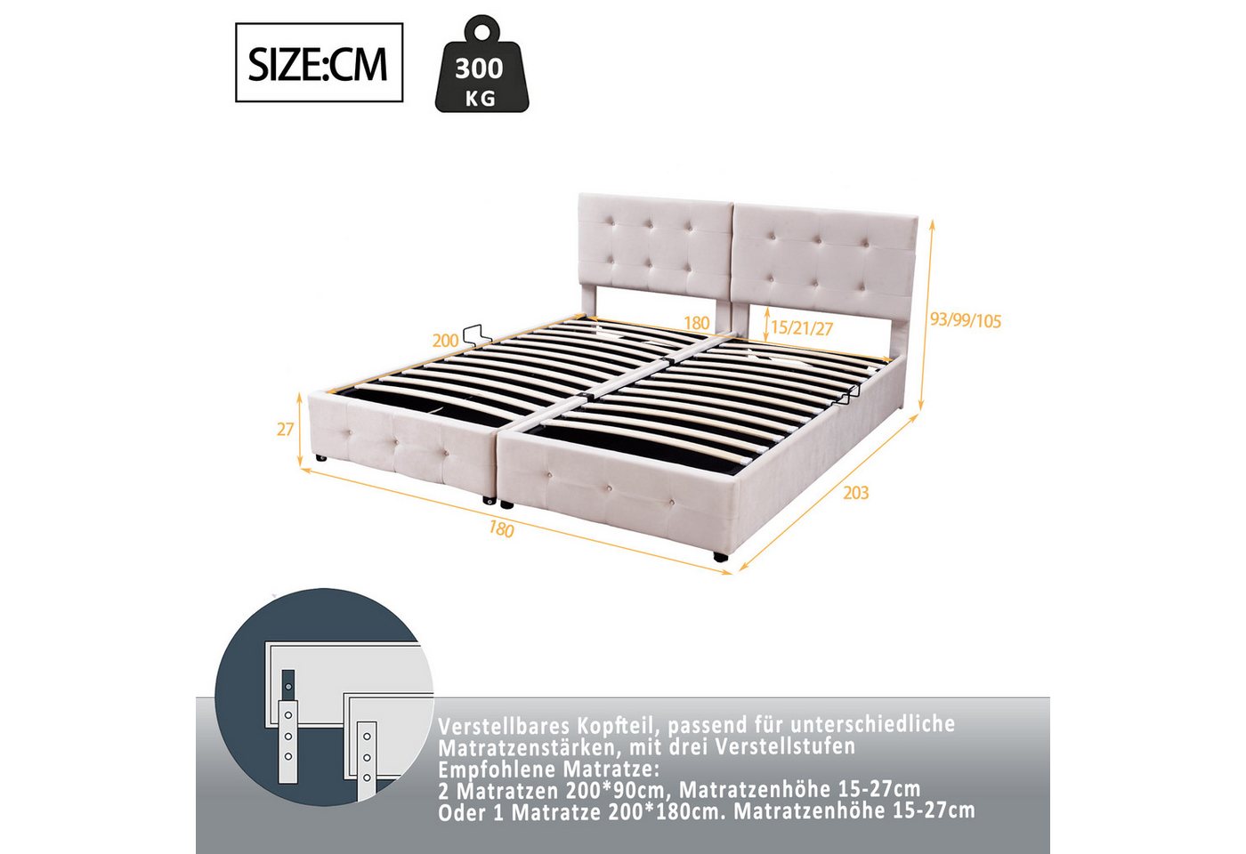 Flieks Polsterbett, Hydraulisches Stauraumbett trennbares Doppelbett 180x200cm Samtstoff – Bild 5 von 5