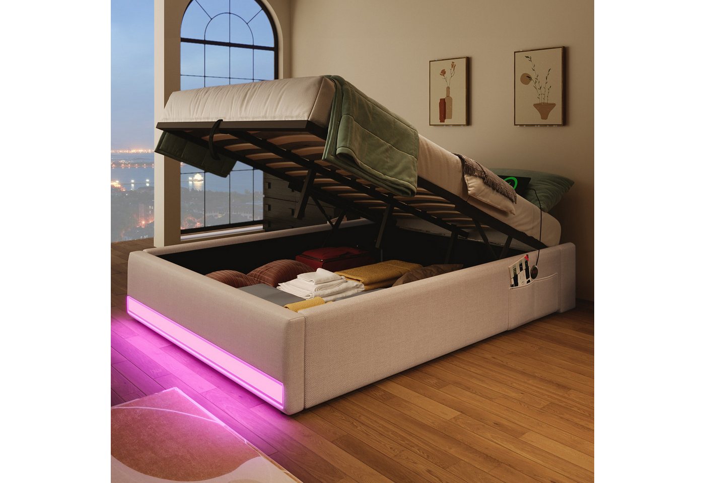 Flieks Polsterbett, Hydraulisches Stauraumbett 90x200cm mit LED & USB/Typ-C ohne Kopfteil – Bild 2 von 5