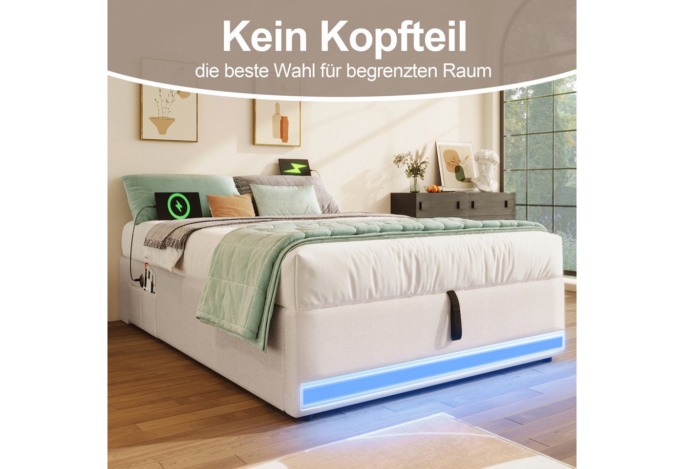 Flieks Polsterbett, Hydraulisches Stauraumbett 90x200cm mit LED & USB/Typ-C ohne Kopfteil – Bild 3 von 5