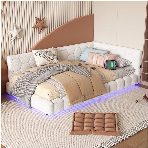 Flieks Polsterbett, LED Einzelbett Daybett Tagesbett Samt 90x200cm mit USB-Anschluss