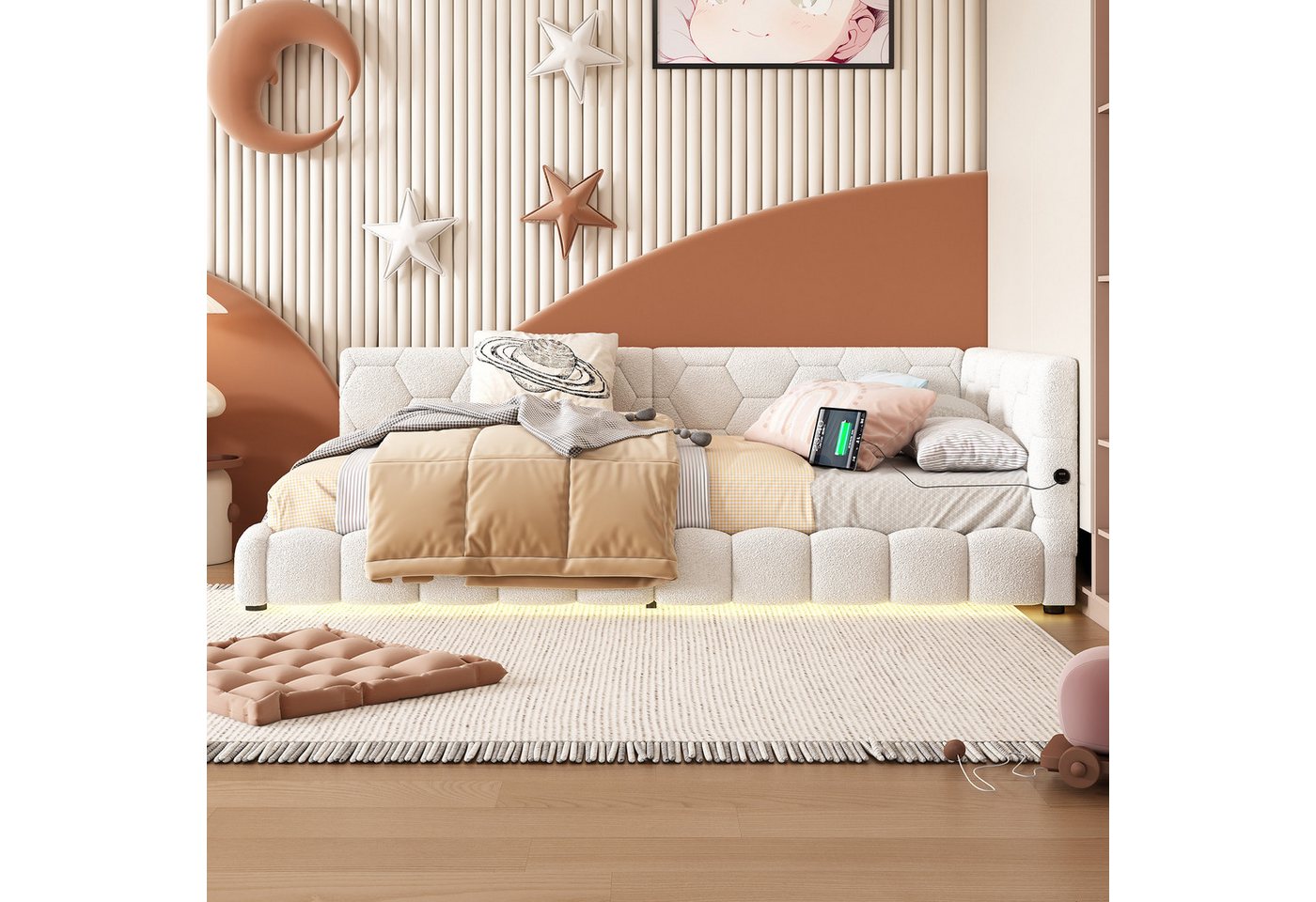 Flieks Polsterbett, LED Einzelbett Daybett Tagesbett Samt 90x200cm mit USB-Anschluss – Bild 2 von 5