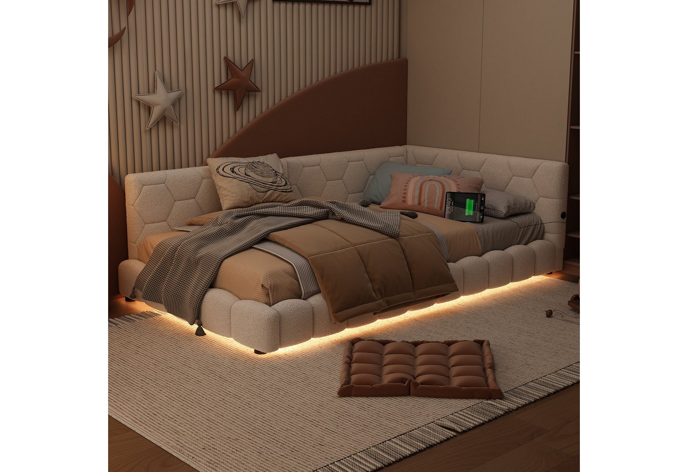 Flieks Polsterbett, LED Einzelbett Daybett Tagesbett Samt 90x200cm mit USB-Anschluss – Bild 3 von 5