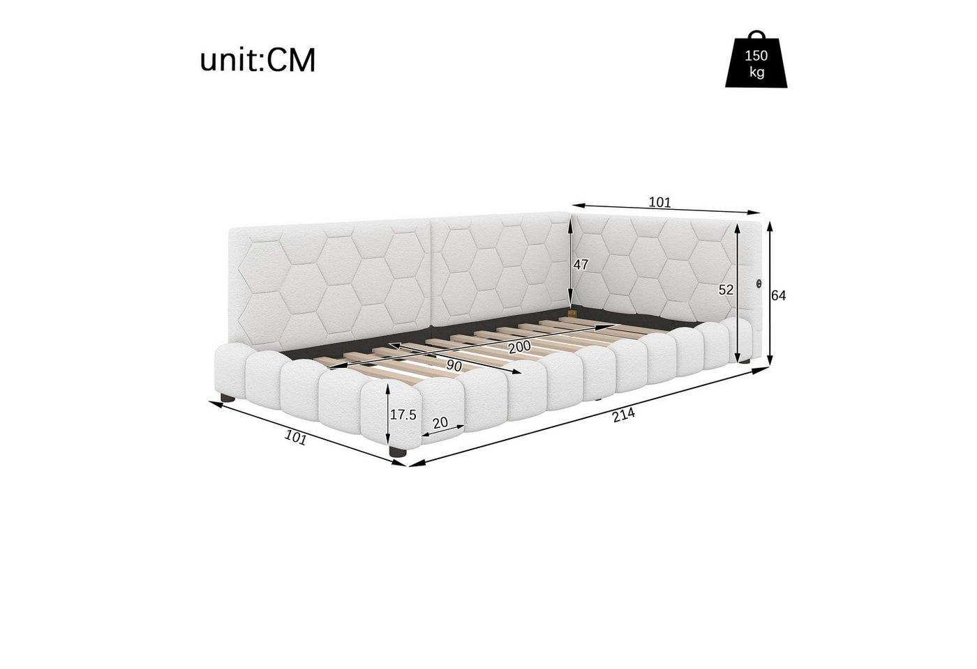 Flieks Polsterbett, LED Einzelbett Daybett Tagesbett Samt 90x200cm mit USB-Anschluss – Bild 5 von 5